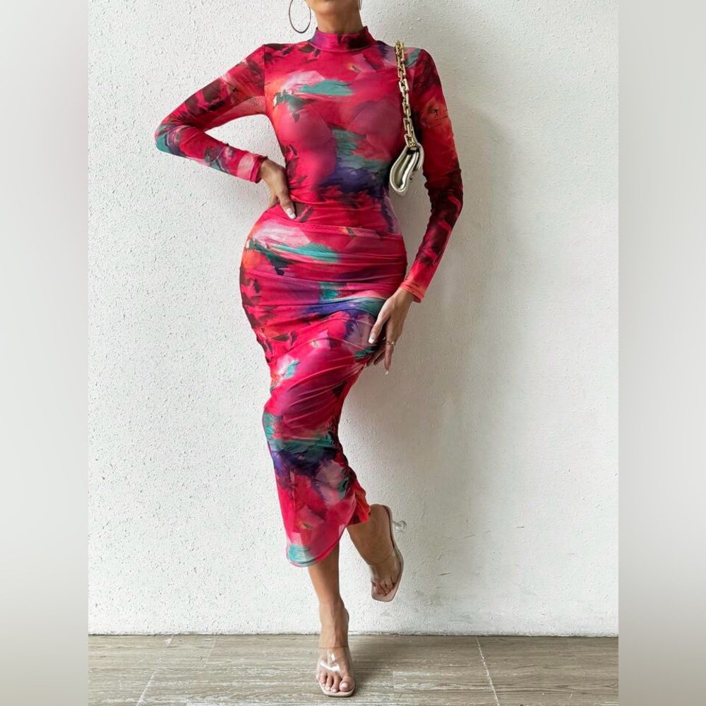 BRAND NEW SHEIN SXY Tie Dye Mock Neck Ruched Side Bodycon Dress